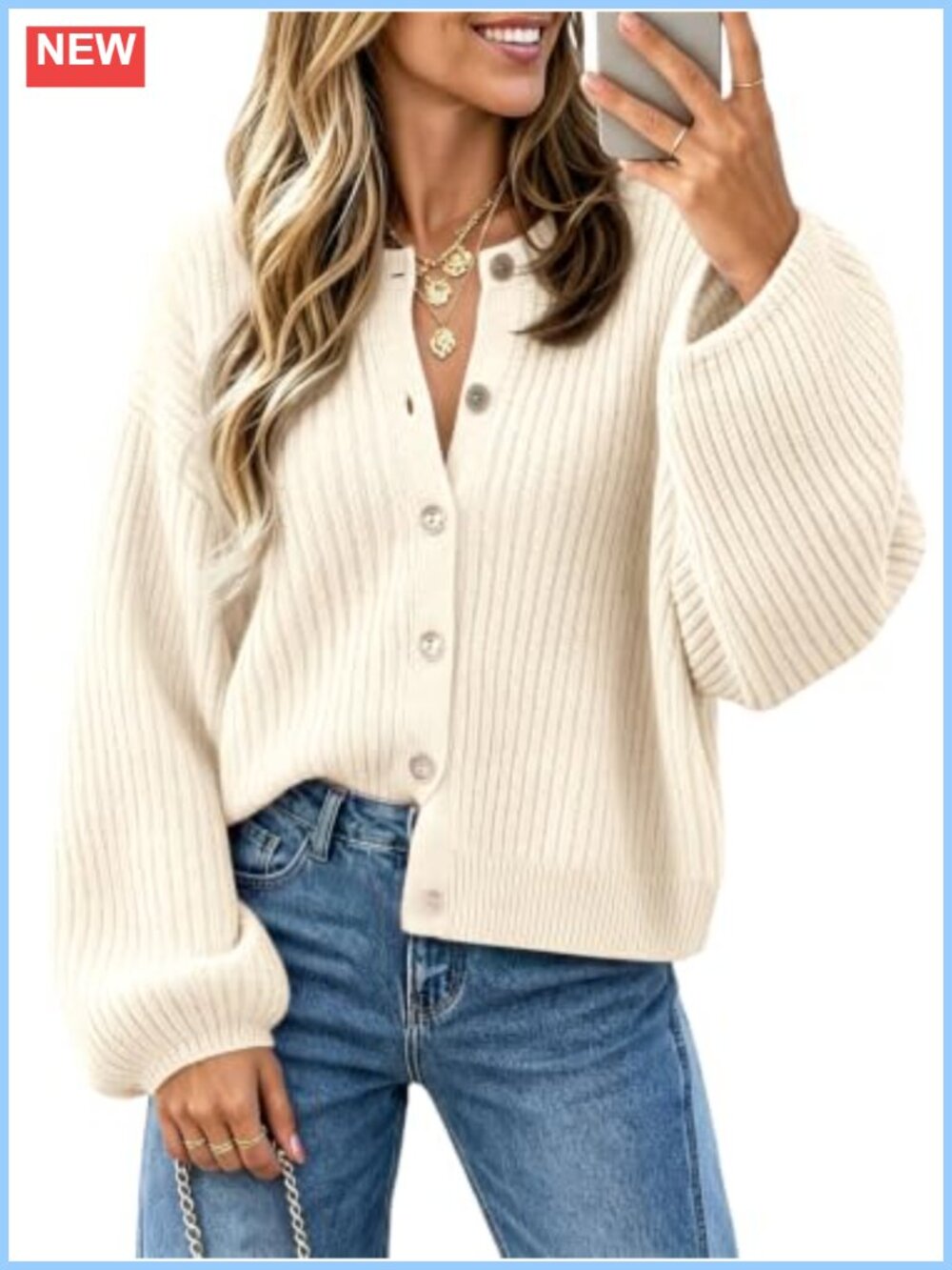 Womens Button Down Cardigan Lantern Sleeve Chunky Ribbed Knit Fall Sweater